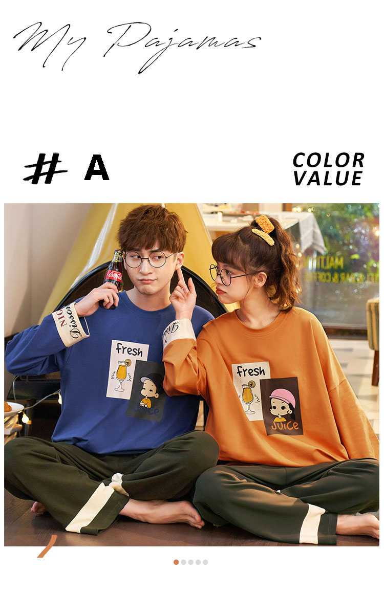 Autumn Korean simple round neck long-sleeved trousers casual two-piece Couple home service pajamas suit on sale 5