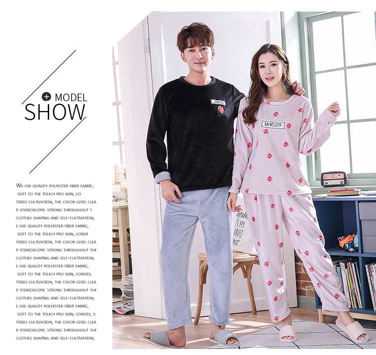 Winter warm flannel long-sleeved home wear casual thickened couple pajamas two-piece suit on sale