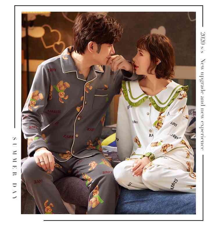 Korean cartoon cute home clothes lapel cardigan sweet mens women pajamas can be worn outside on sale 25