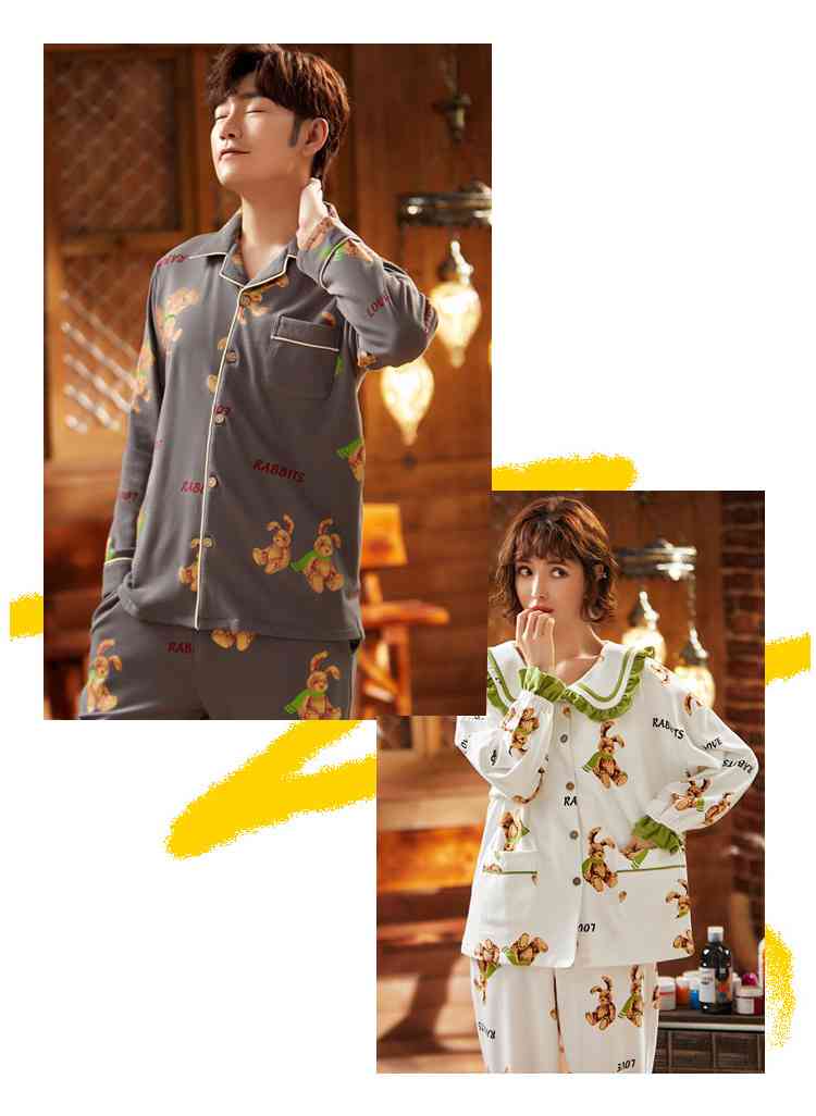 Korean cartoon cute home clothes lapel cardigan sweet mens women pajamas can be worn outside on sale 27