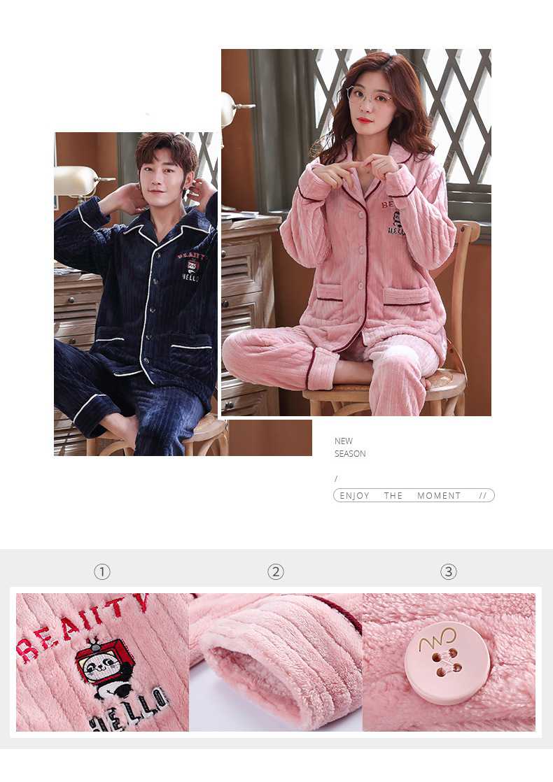 new couple flannel Korean long-sleeved men's and women's home wear casual pajamas set on sale