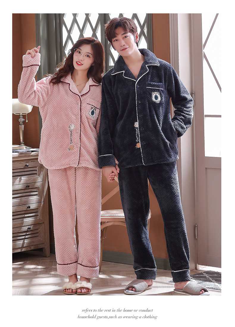 new couple flannel Korean long-sleeved men's and women's home wear casual pajamas set on sale
