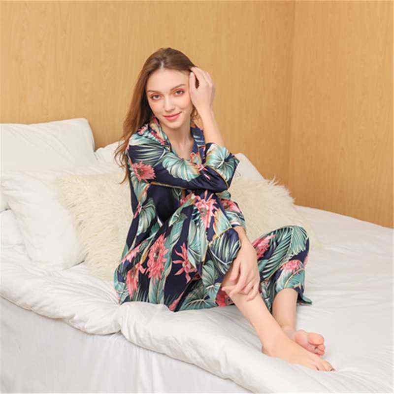 Ice silk long sleeve large size cardigan pure color thin section two-piece home service suit on sale