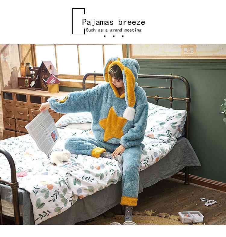 Cartoon hooded long coral fleece long sleeve flannel plus velvet thickened couple pajamas on sale