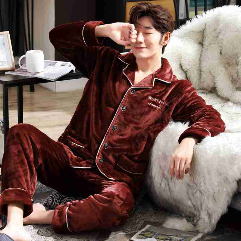 Flannel thickened plus velvet warm men and women home couple pajamas on sale
