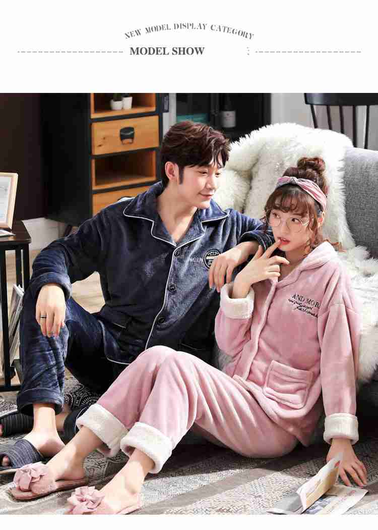 Flannel thickened plus velvet warm men and women home couple pajamas on sale