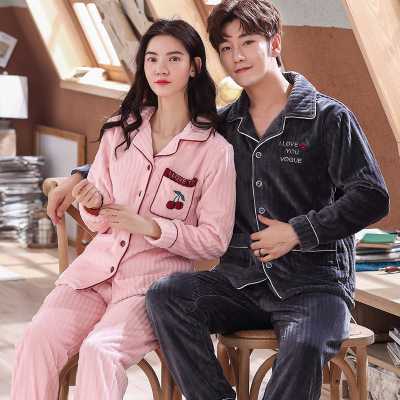 Wearable thick cardigan men and women long-sleeved warm coral velvet couple pajamas set on sale