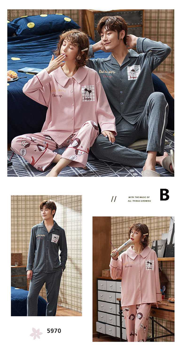 Long-sleeved cotton spring and autumn can be worn outside home service two-piece Couple pajamas suit on sale 6