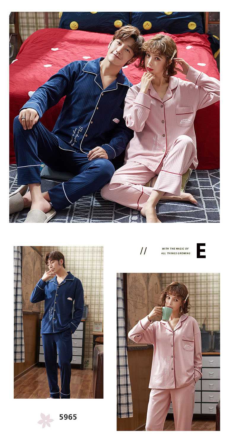 Long-sleeved cotton spring and autumn can be worn outside home service two-piece Couple pajamas suit on sale 8