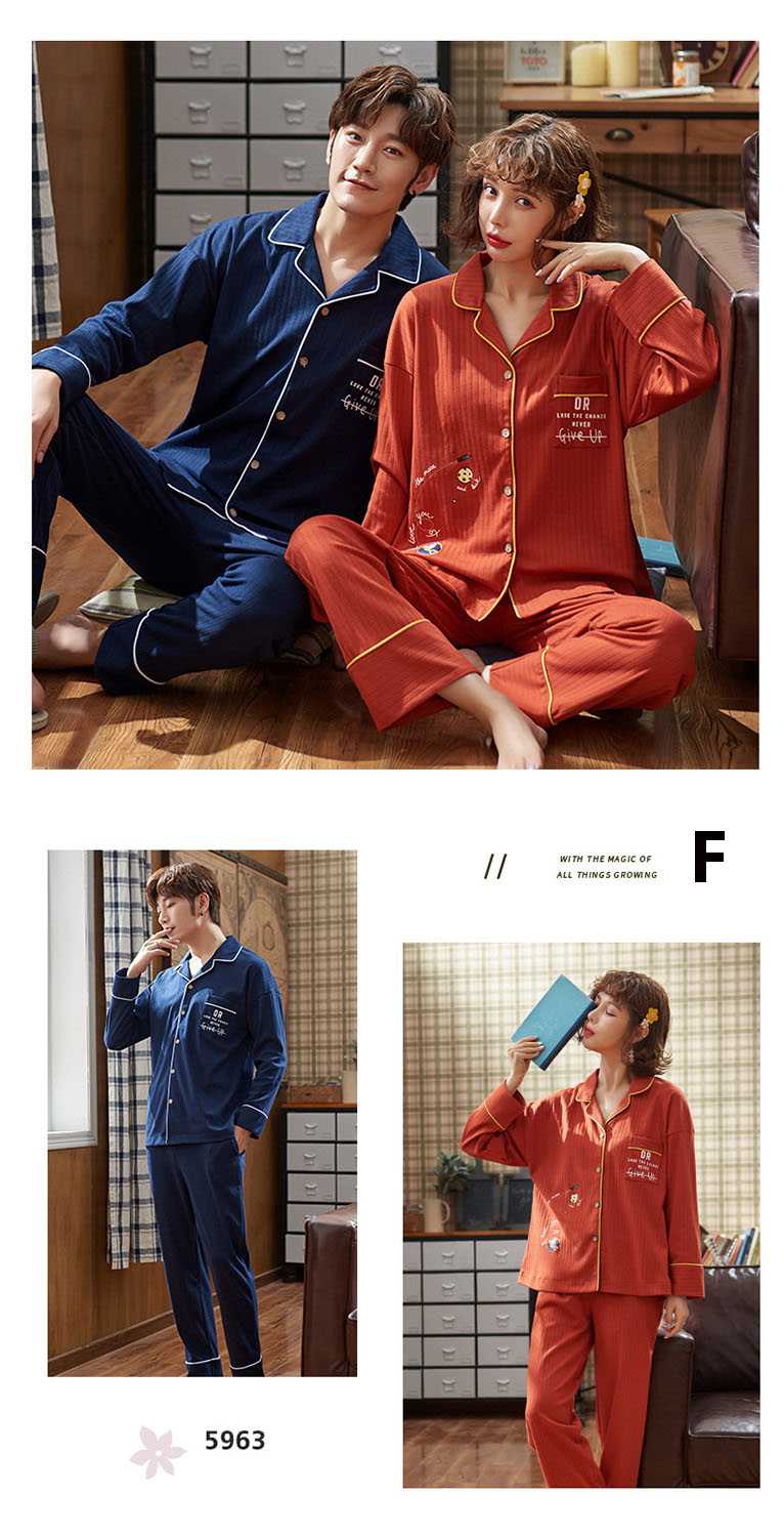 Long-sleeved cotton spring and autumn can be worn outside home service two-piece Couple pajamas suit on sale 9