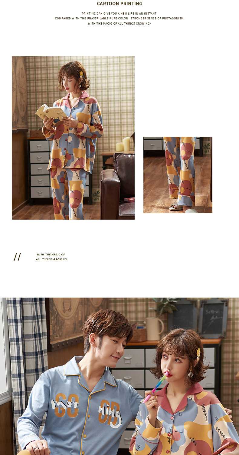 Long-sleeved cotton spring and autumn can be worn outside home service two-piece Couple pajamas suit on sale 4
