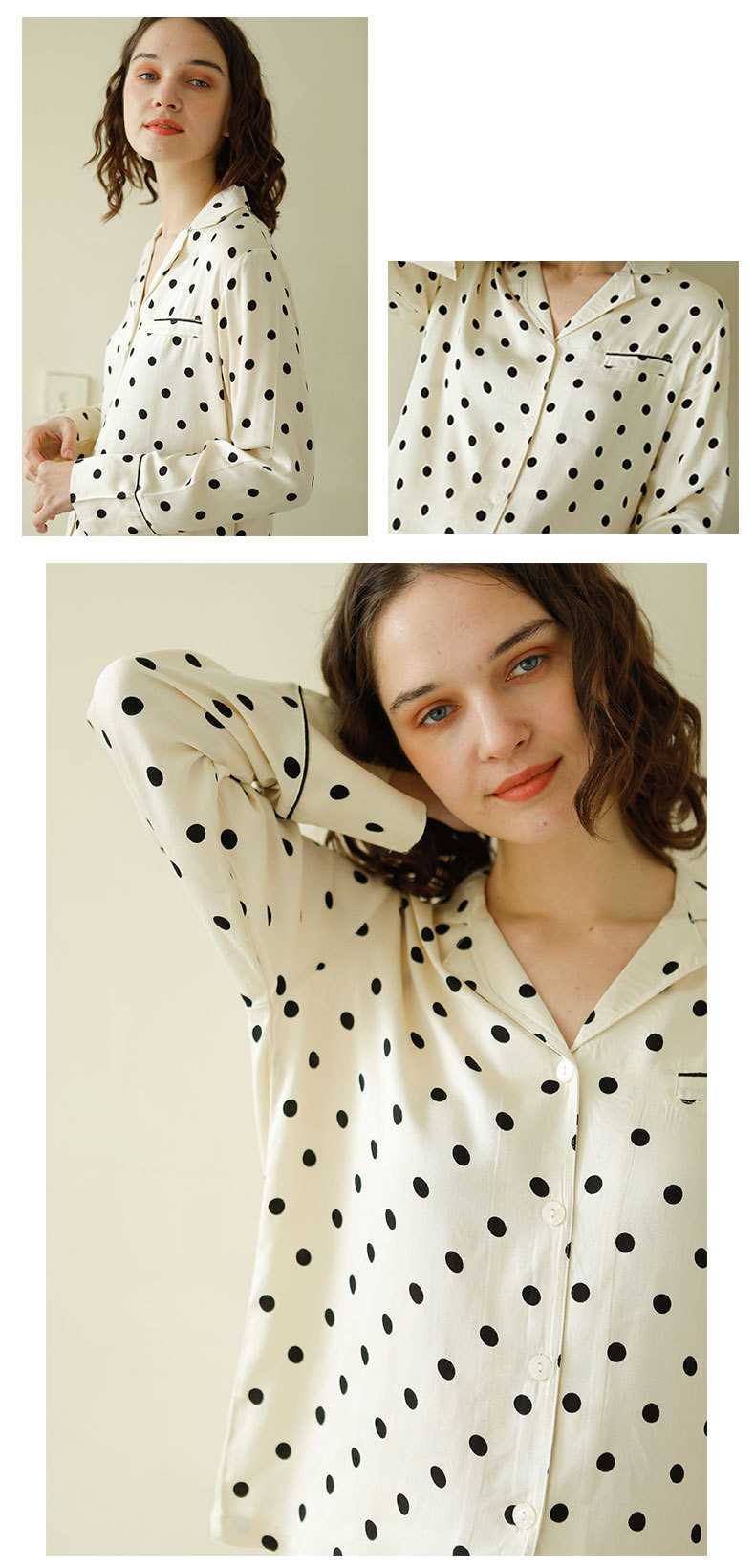 Couple models cotton satin yellow bottom wave dot lapel casual pajama set home service on sale