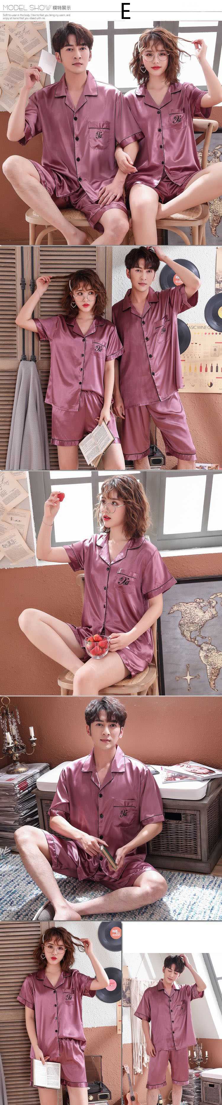 Summer Korean simulation silk couple short sleeve wide loose shirt V-neck pajamas suit on sale 7