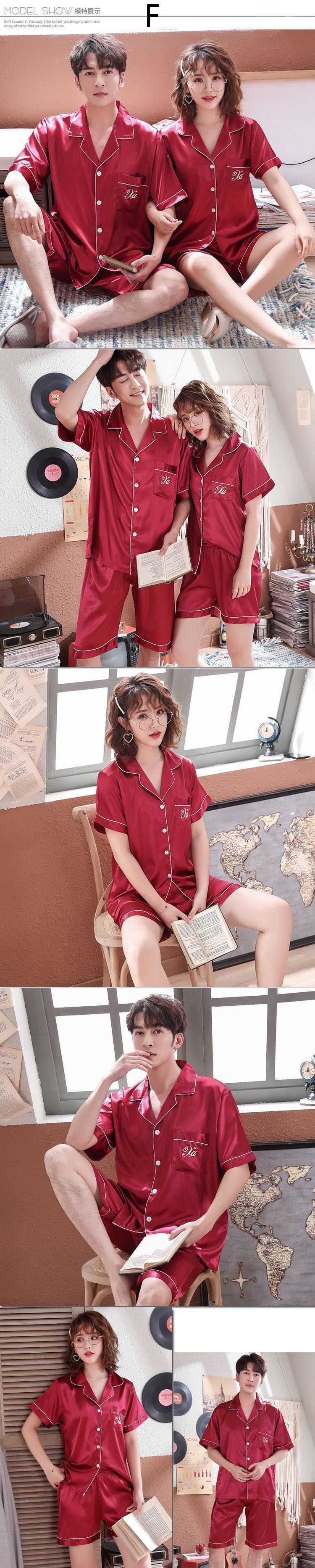 Summer Korean simulation silk couple short sleeve wide loose shirt V-neck pajamas suit on sale 8
