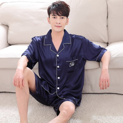 Summer Korean simulation silk couple short sleeve wide loose shirt V-neck pajamas suit on sale 4