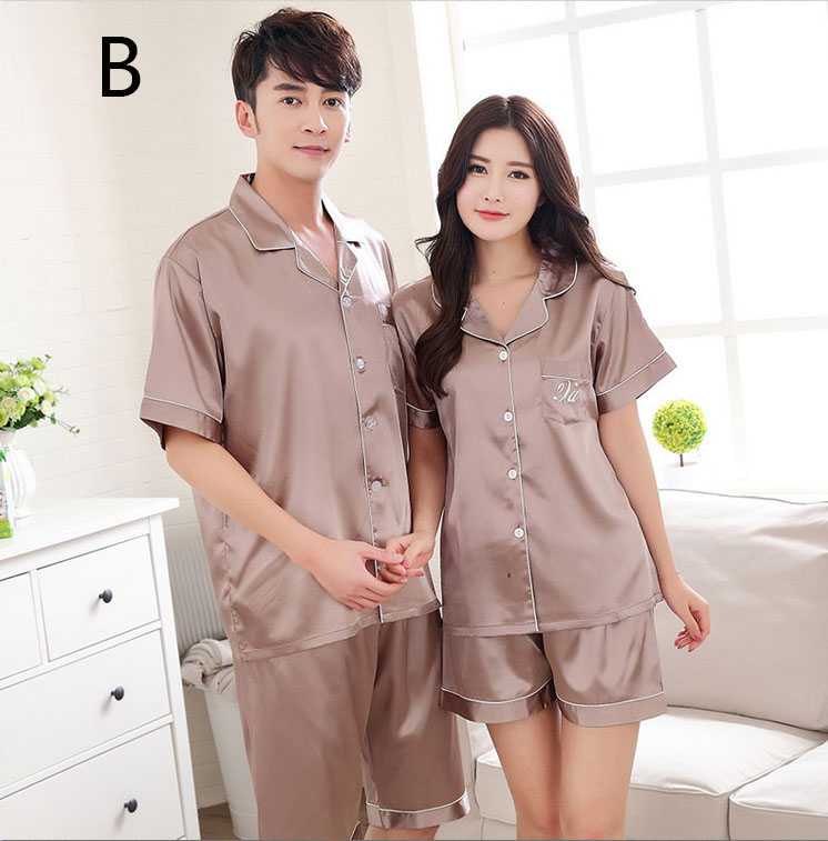 Summer Korean simulation silk couple short sleeve wide loose shirt V-neck pajamas suit on sale 5