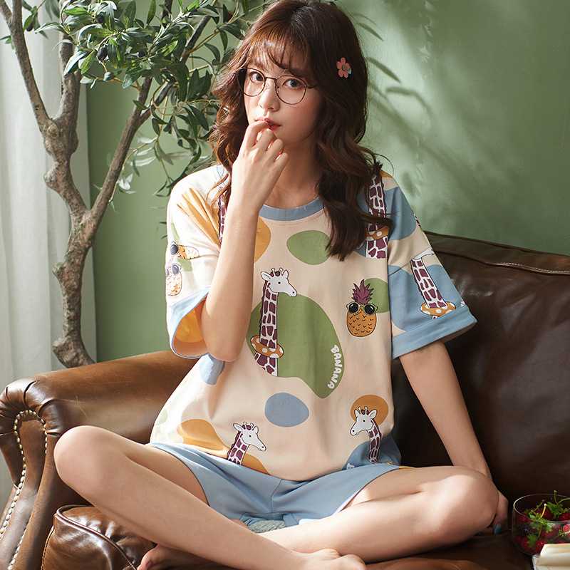 Pure cotton pullover giraffe and pineapple pattern short-sleeved couple pajamas home service on sale 8