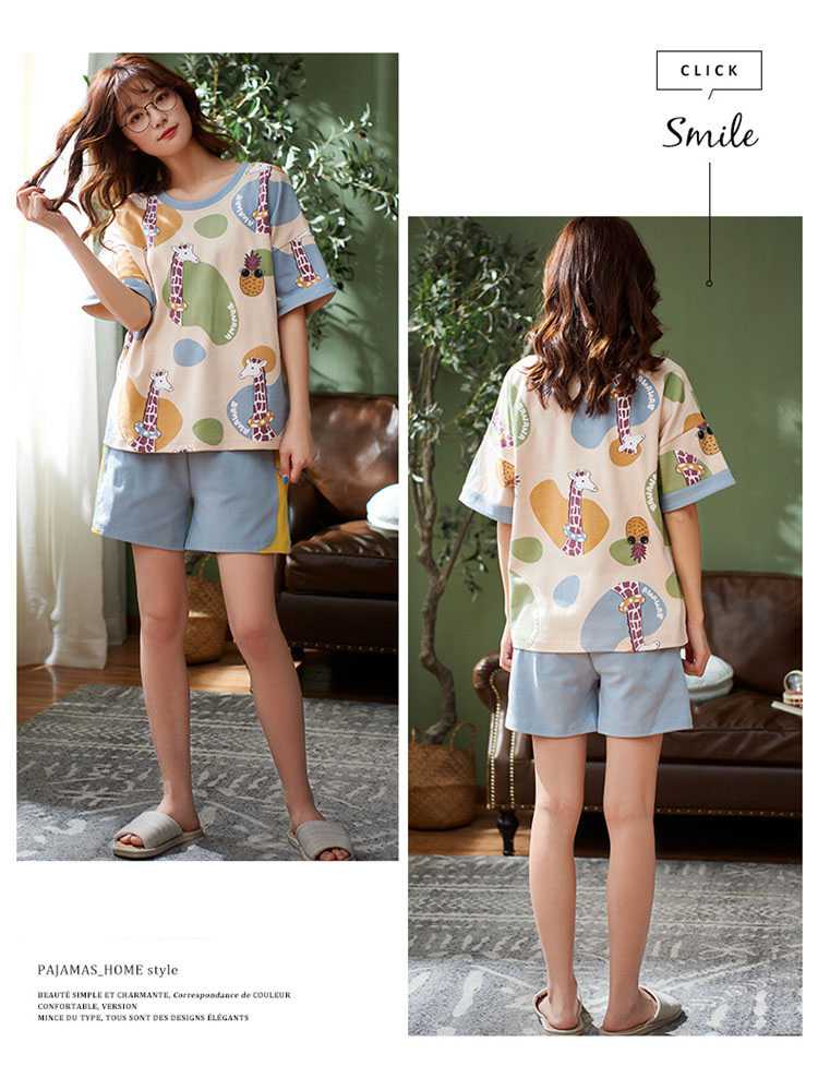 Pure cotton pullover giraffe and pineapple pattern short-sleeved couple pajamas home service on sale 5