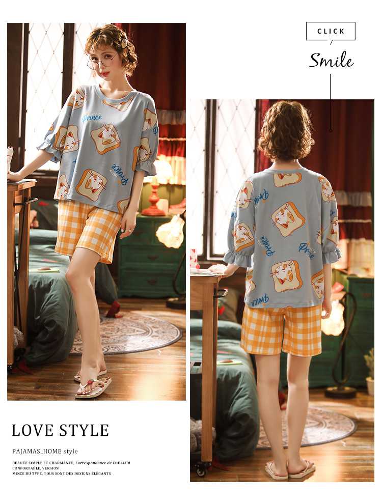 Short-sleeved cotton mens ladies shorts plus size loose couples home clothes pajamas suit on sale 16