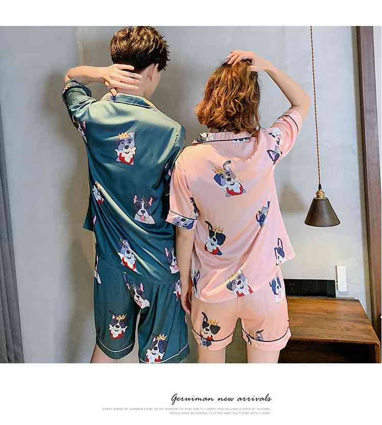 Ins Short-sleeved Ice Silk Two-piece Cartoon Print Thin Couple Pajamas Home Service on sale 7