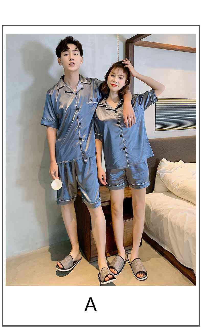 Ins Short-sleeved Ice Silk Two-piece Cartoon Print Thin Couple Pajamas Home Service on sale 8