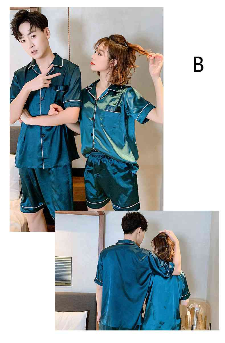 Ins Short-sleeved Ice Silk Two-piece Cartoon Print Thin Couple Pajamas Home Service on sale 9