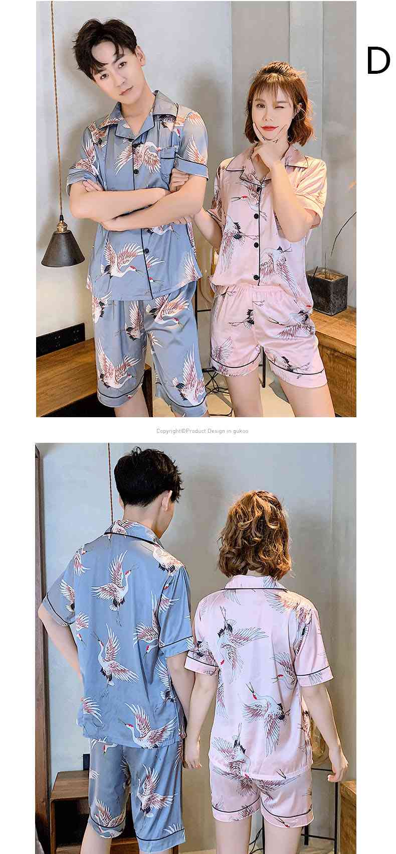 Ins Short-sleeved Ice Silk Two-piece Cartoon Print Thin Couple Pajamas Home Service on sale 4