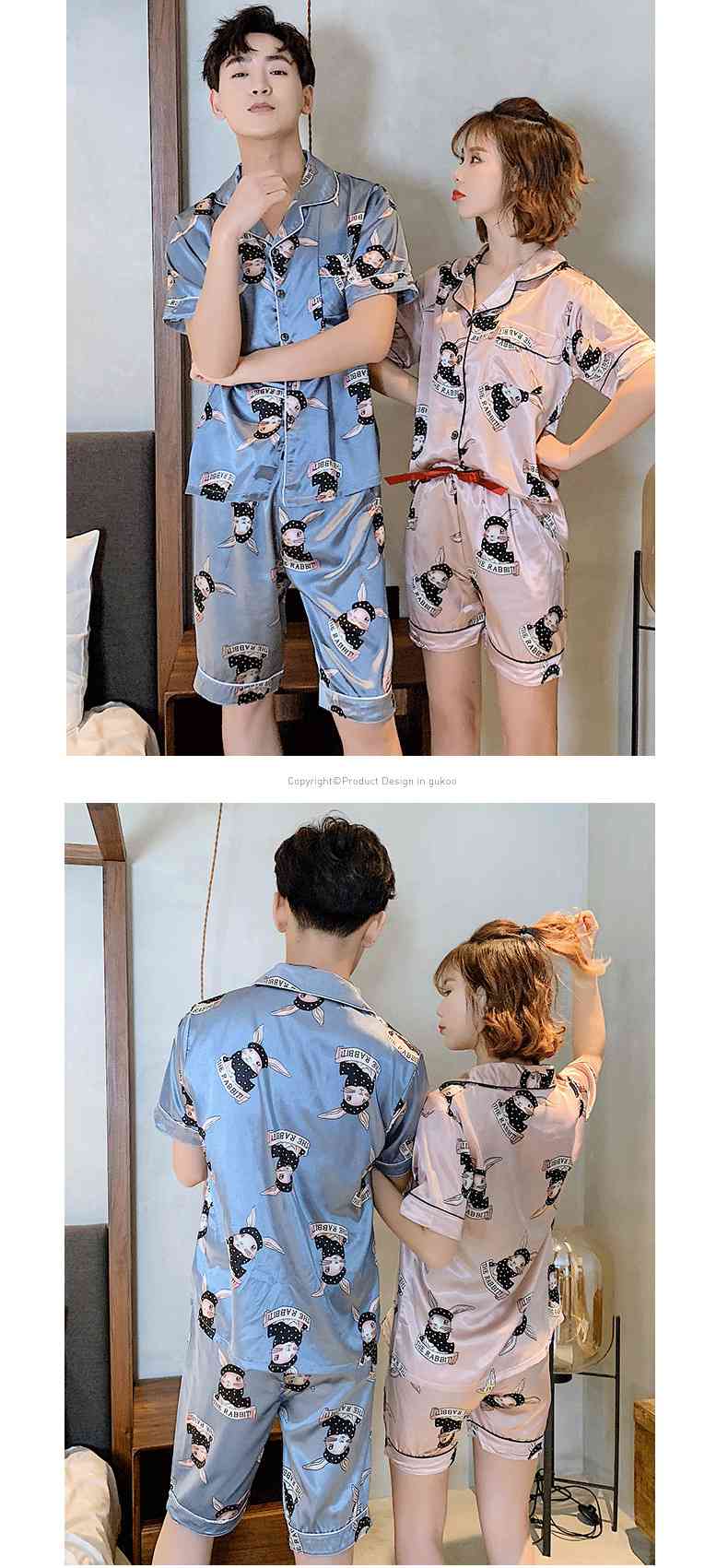 Ins Short-sleeved Ice Silk Two-piece Cartoon Print Thin Couple Pajamas Home Service on sale 5