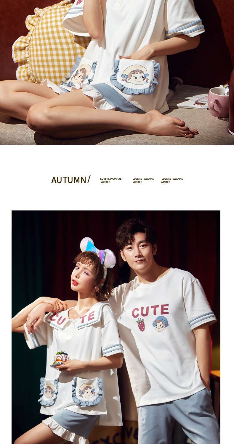 Couple pajamas cotton short-sleeved thin section spring and autumn cute Korean suit home service on sale 5