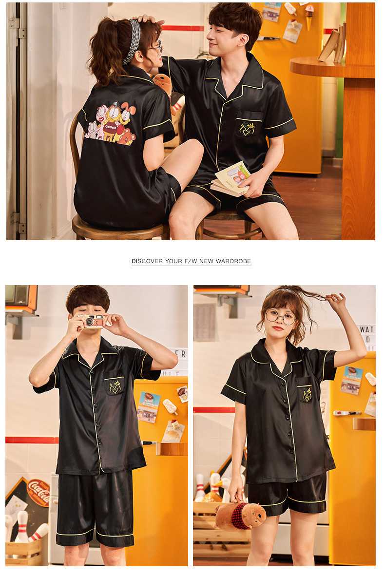 Couple ice silk short-sleeved thin section enlarged code home service pajamas suit on sale 2