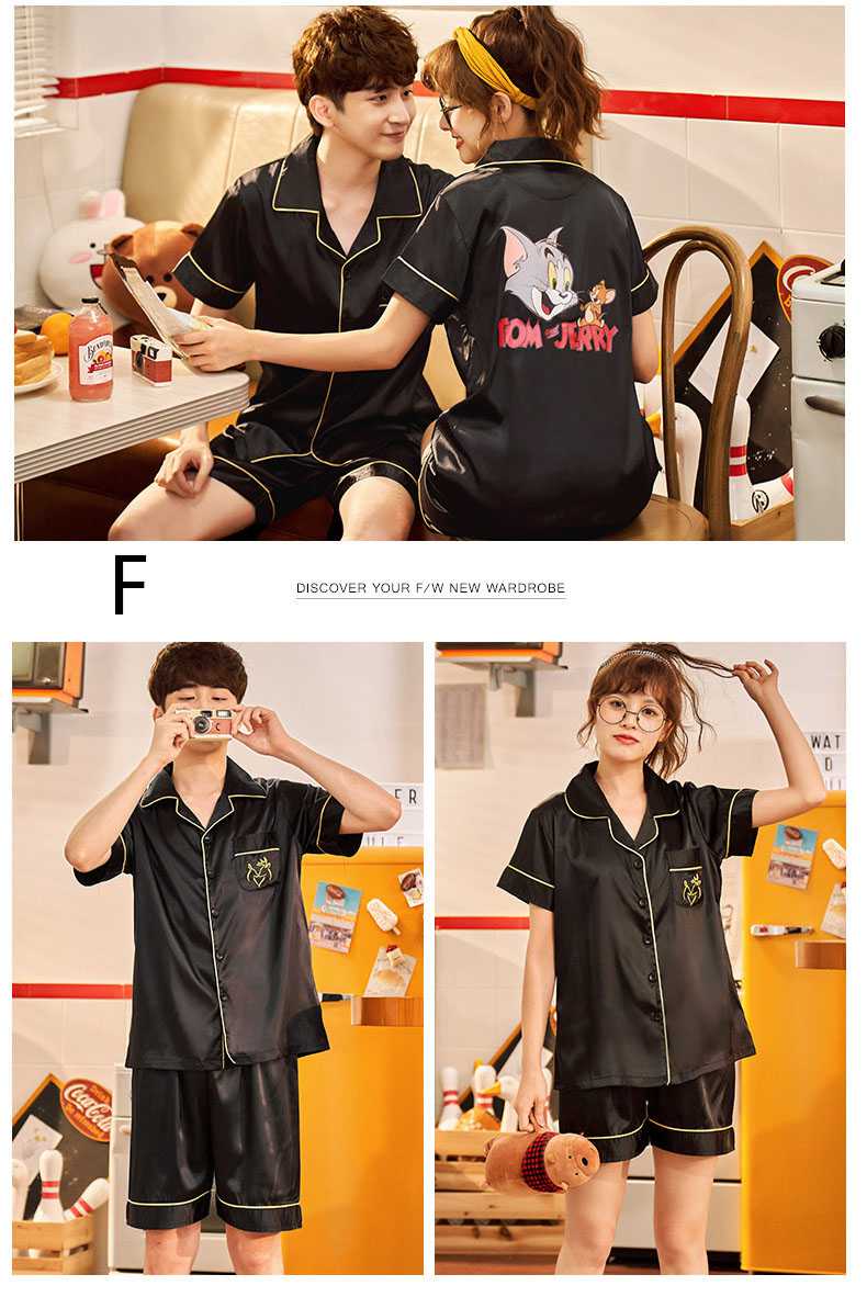 Couple ice silk short-sleeved thin section enlarged code home service pajamas suit on sale 4
