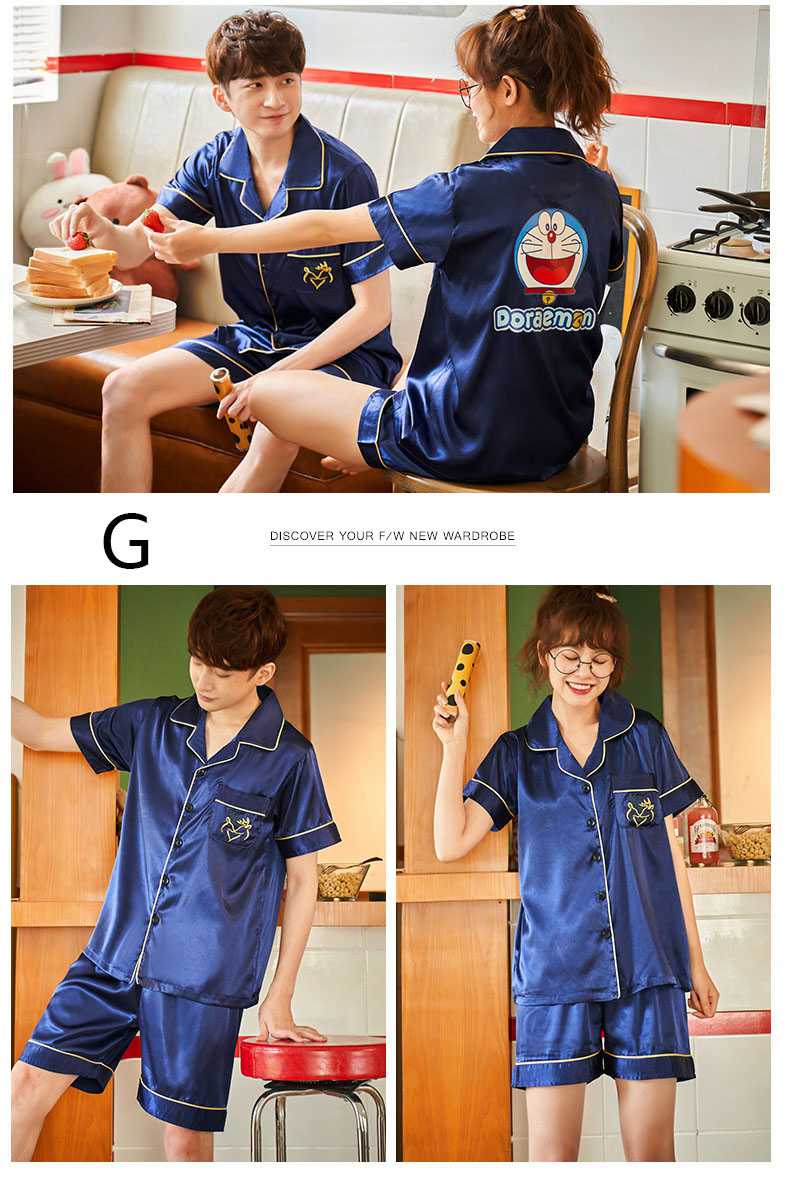 Couple ice silk short-sleeved thin section enlarged code home service pajamas suit on sale 5