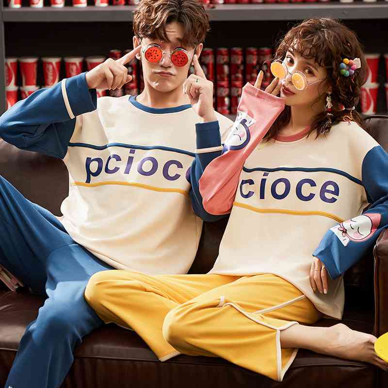 Couple pajamas autumn cotton long-sleeved home wear can be worn outside Korean cute two-piece suit on sale 13