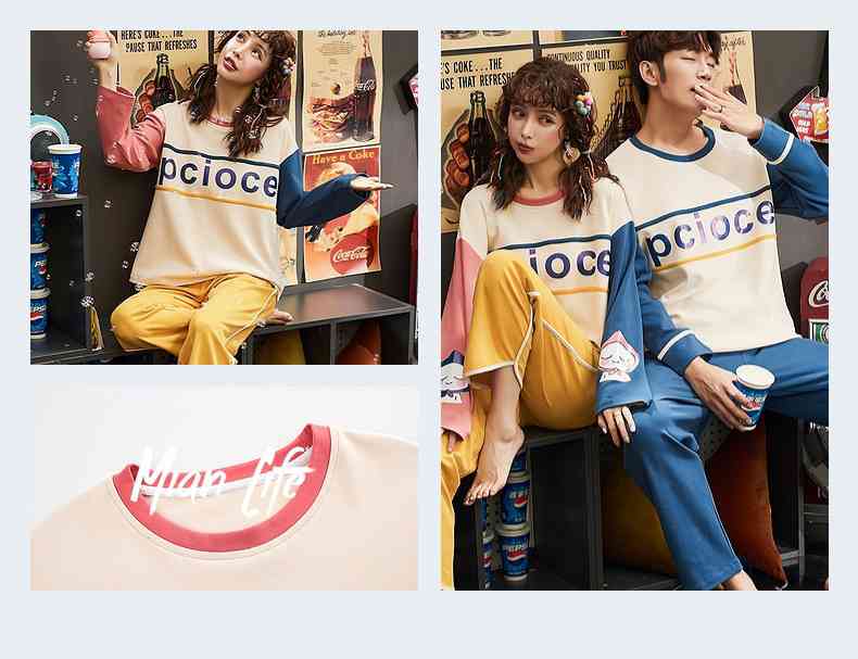 Couple pajamas autumn cotton long-sleeved home wear can be worn outside Korean cute two-piece suit on sale 14