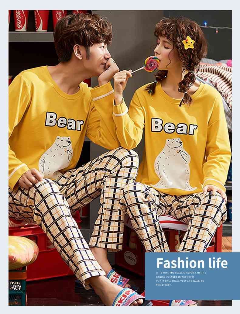 Couple pajamas autumn cotton long-sleeved home wear can be worn outside Korean cute two-piece suit on sale 17