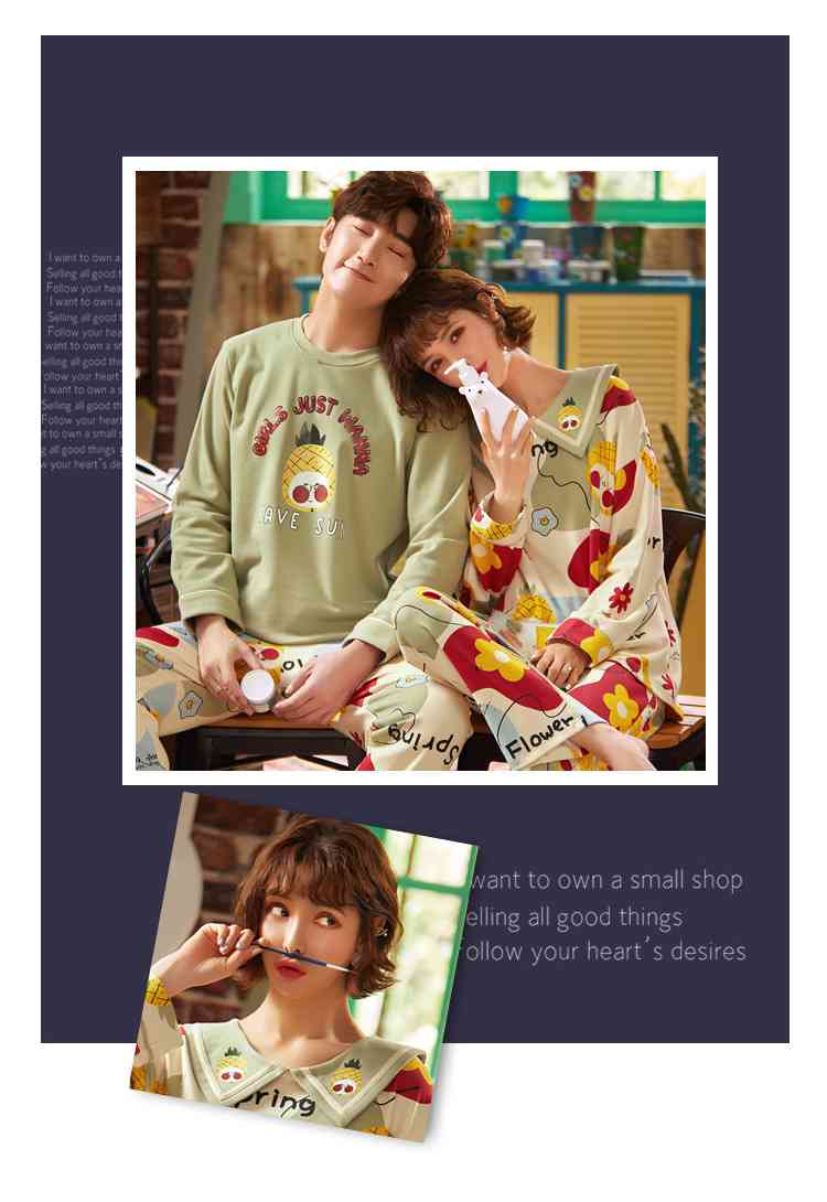 Couple pajamas autumn cotton long-sleeved home wear can be worn outside Korean cute two-piece suit on sale 18