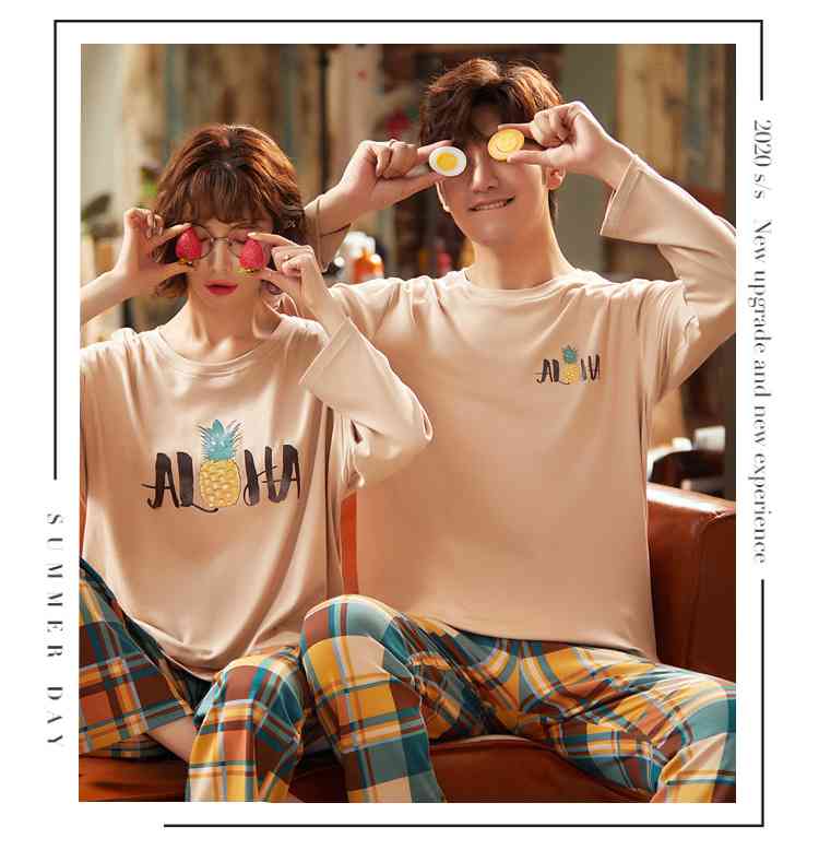 Couple pajamas autumn cotton long-sleeved home wear can be worn outside Korean cute two-piece suit on sale 25