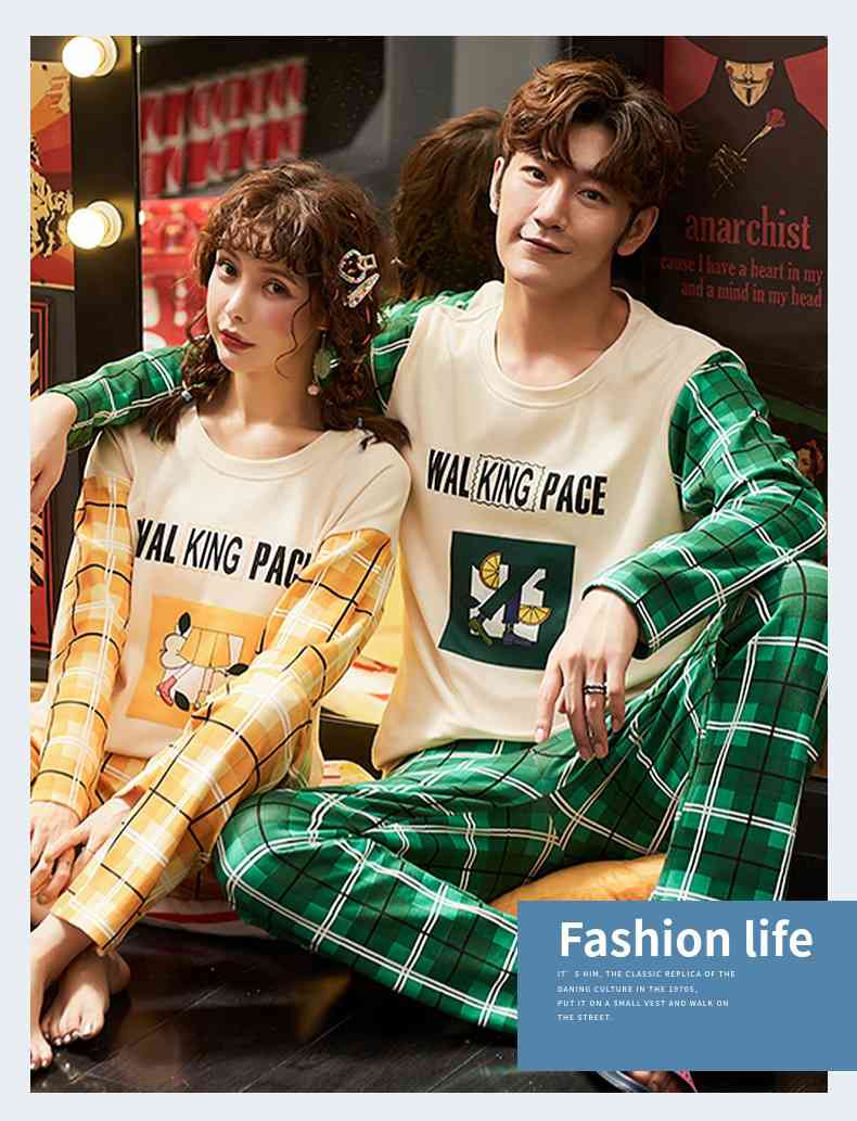 Couple pajamas autumn cotton long-sleeved home wear can be worn outside Korean cute two-piece suit on sale 2
