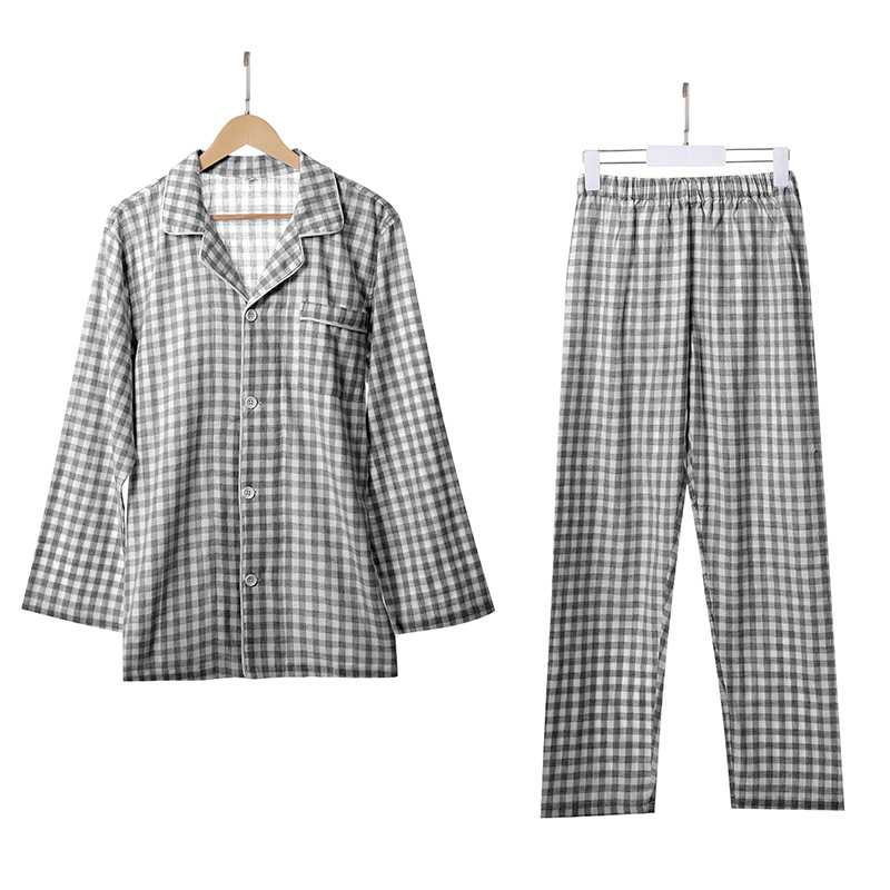 Cotton double-layer yarn home wear autumn couples pajamas for men and women on sale 7