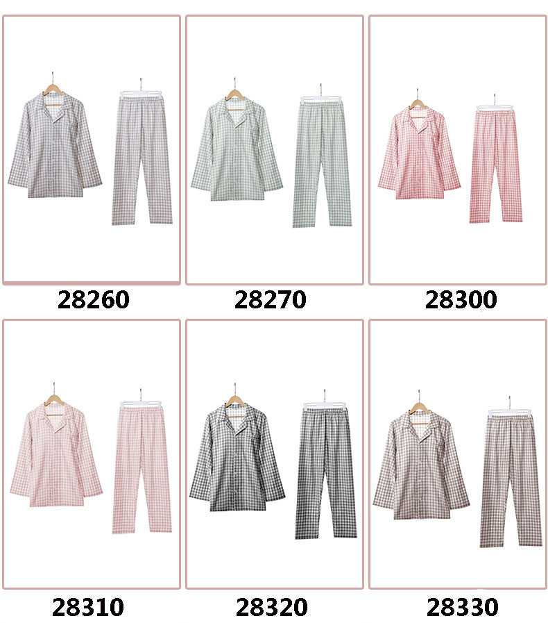 Cotton double-layer yarn home wear autumn couples pajamas for men and women on sale 1
