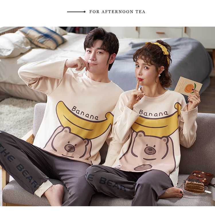 Cotton female and male cartoon Korean casual hedging long-sleeved couple home service on sale 7