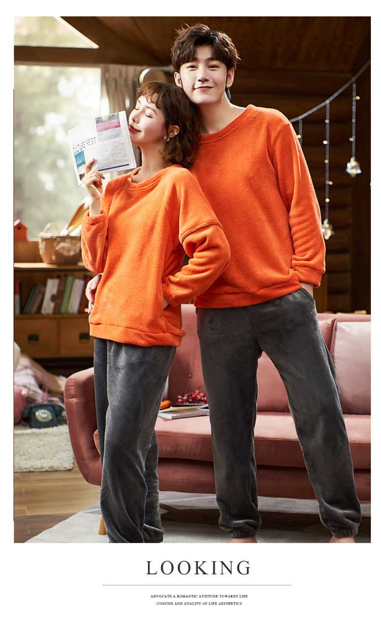 Lovers winter thick flannel long-sleeved round neck leisure coral fleece pajamas suit on sale 5