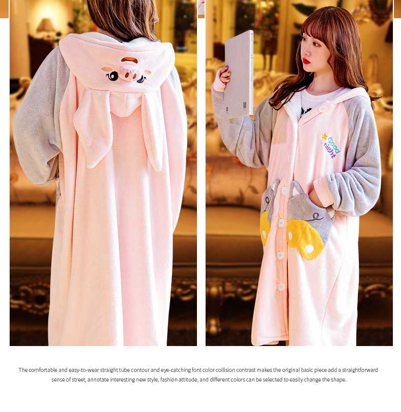 Cartoon pig long coral fleece plus velvet thickening bathrobe flannel men and women Nightgown on sale 7