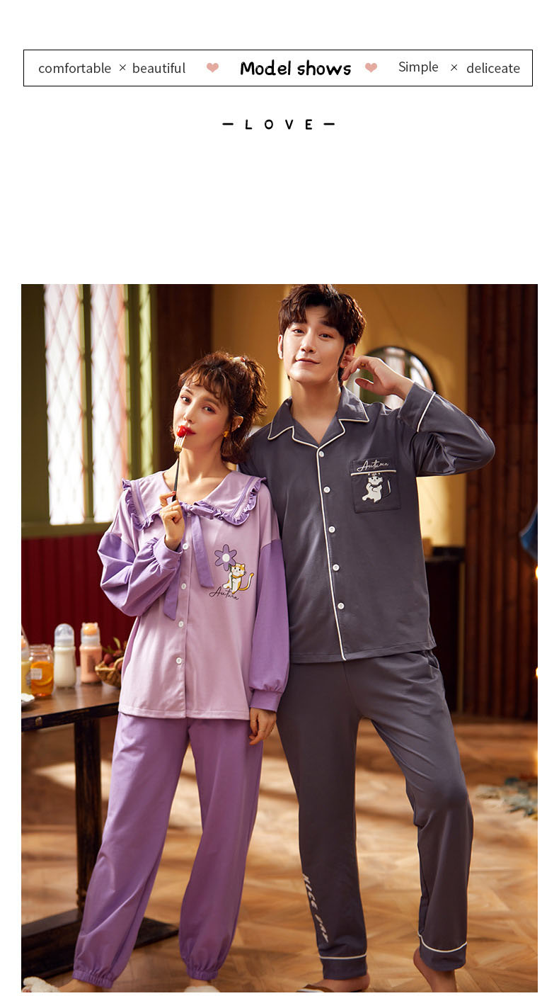 Couple cotton long-sleeved lapel cardigan cartoon cute home service suit on sale 3