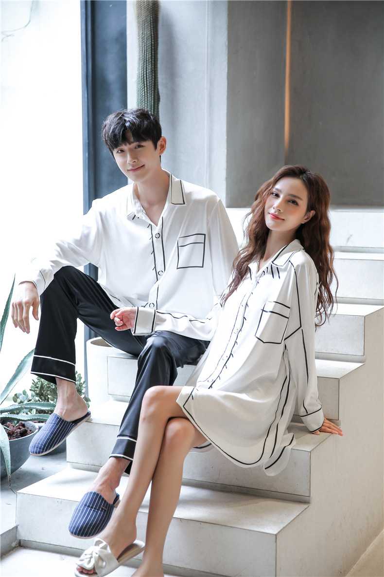 Spring new thin loose ice silk long-sleeved couple shirt nightdress on sale 7