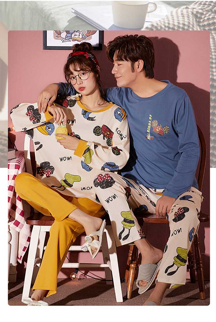 Hooded collarless lively cute cartoon new couple knitted cotton pajamas set on sale 7