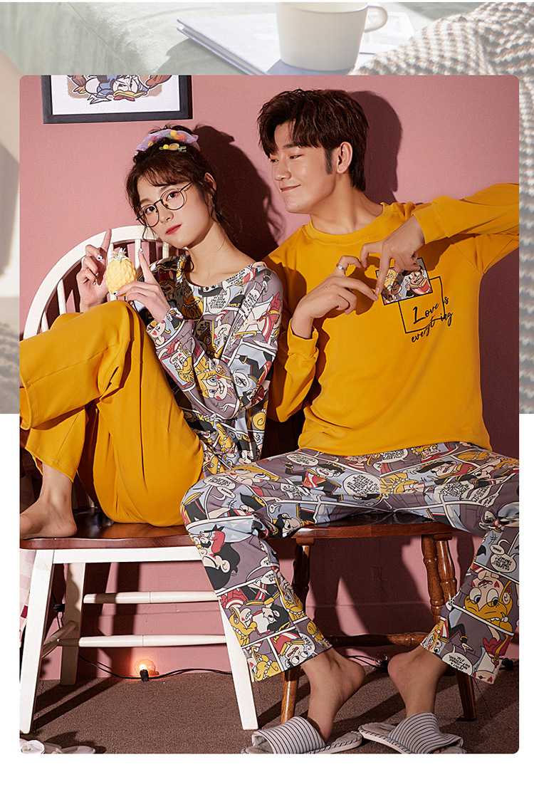 Hooded collarless lively cute cartoon new couple knitted cotton pajamas set on sale 11