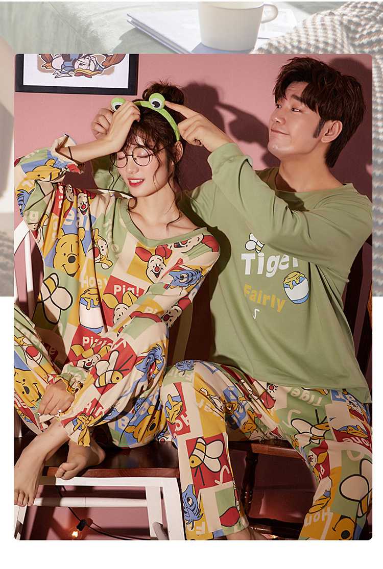 Hooded collarless lively cute cartoon new couple knitted cotton pajamas set on sale 12