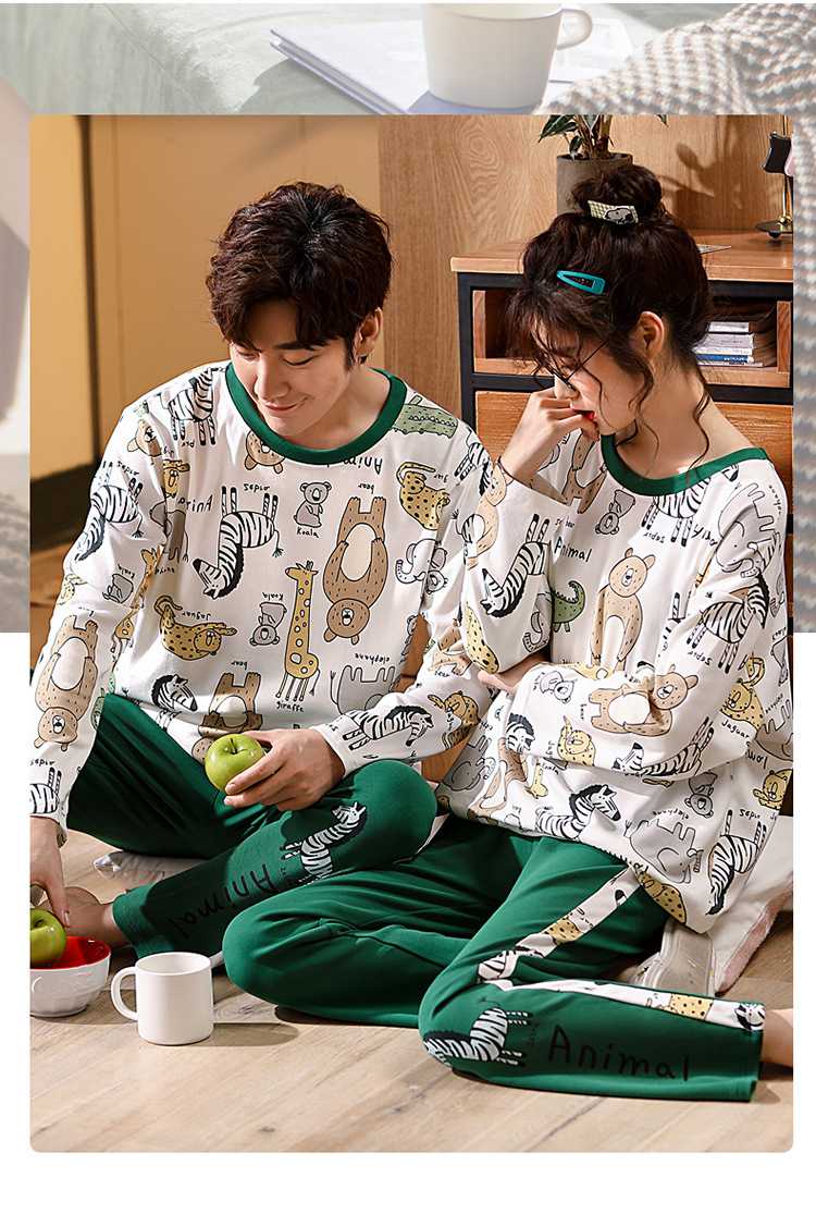Hooded collarless lively cute cartoon new couple knitted cotton pajamas set on sale 18