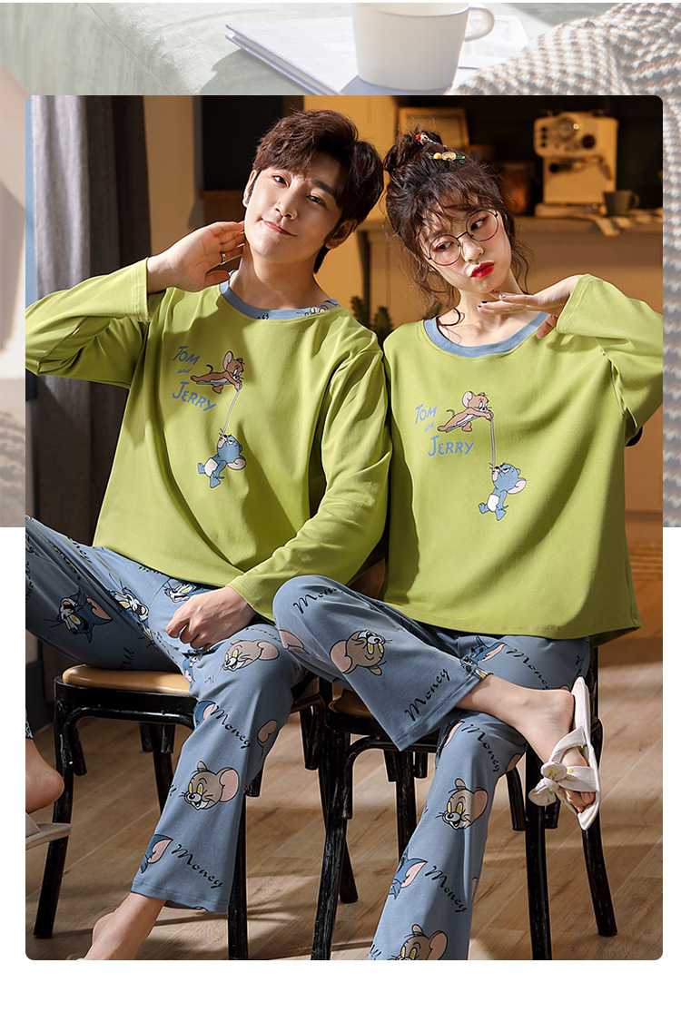 Hooded collarless lively cute cartoon new couple knitted cotton pajamas set on sale 22